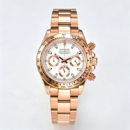 Custom rose gold white Seiko mod chronograph watch, Daytona style with white dial, VK63 hybrid movement