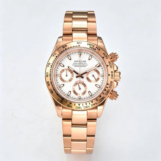 Custom rose gold white Seiko mod chronograph watch, Daytona style with white dial, VK63 hybrid movement