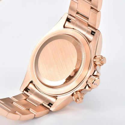 Side view of rose gold VK63 Daytona style Seiko mod watch, stainless steel chronograph pushers detail