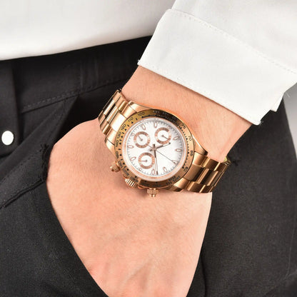 Rose gold white VK63 Daytona style Seiko mod chronograph watch worn on wrist, casual daily wear shot