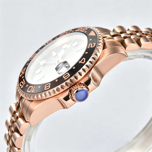 Side view of Seiko modified GMT watch showing signed screw-down crown and sapphire crystal