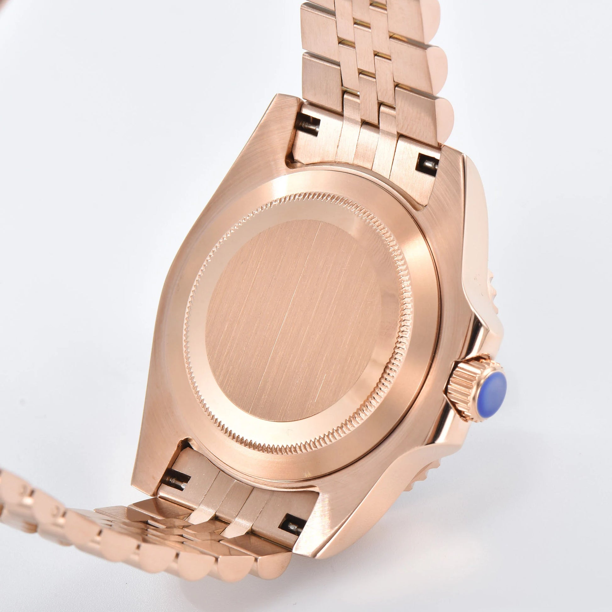 Custom Seiko mod watch with close case back showing rose gold 316L stainless steel case