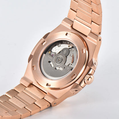 Clear case back showing Seiko NH35 automatic movement in rose gold Nautilus style Seiko mod watch