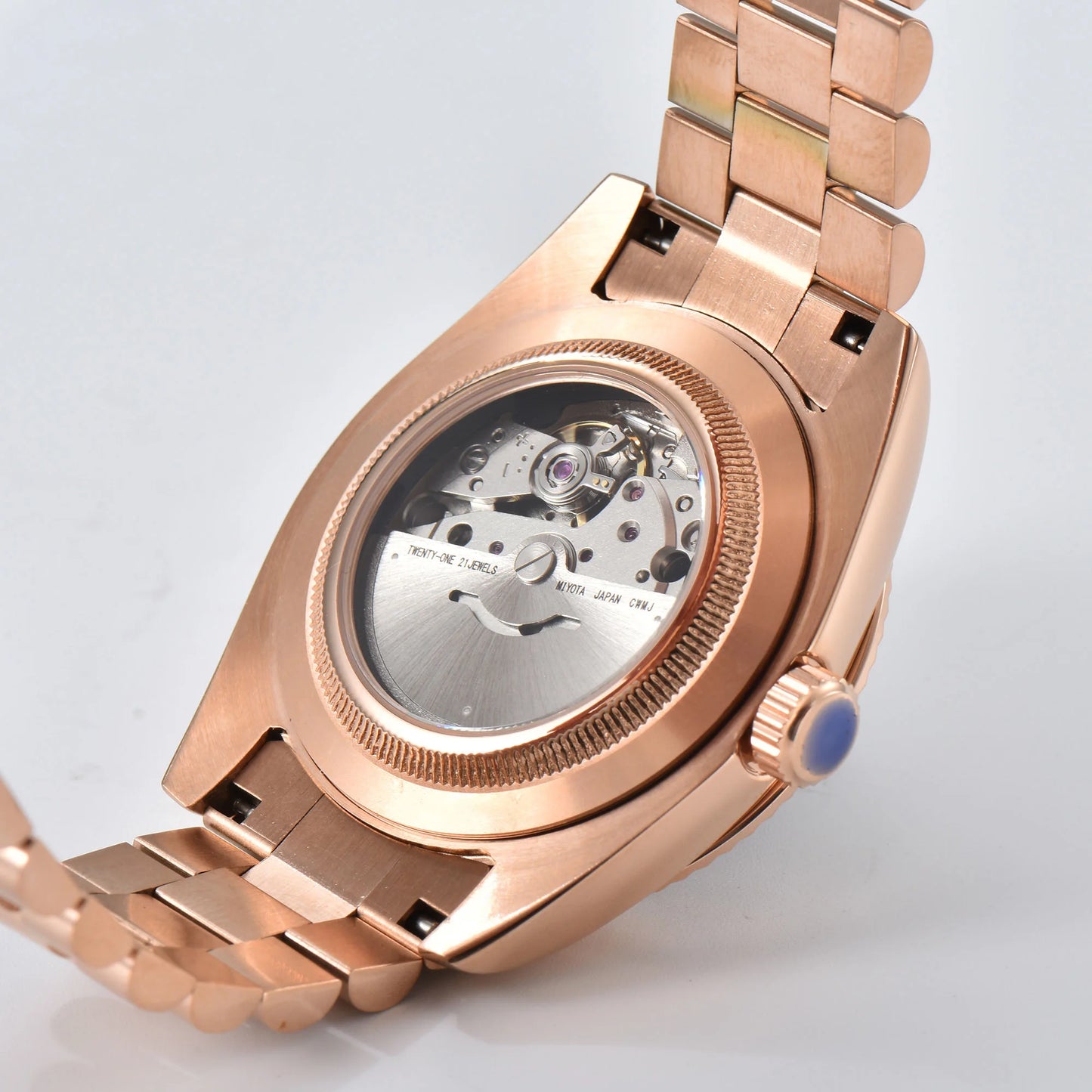 Transparent case back showing Japanese Miyota 8285 mechanical movement in rose gold mod watch