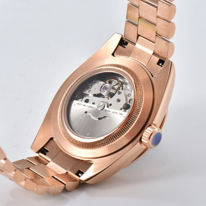 Transparent case back showing Japanese Miyota 8285 mechanical movement in rose gold mod watch