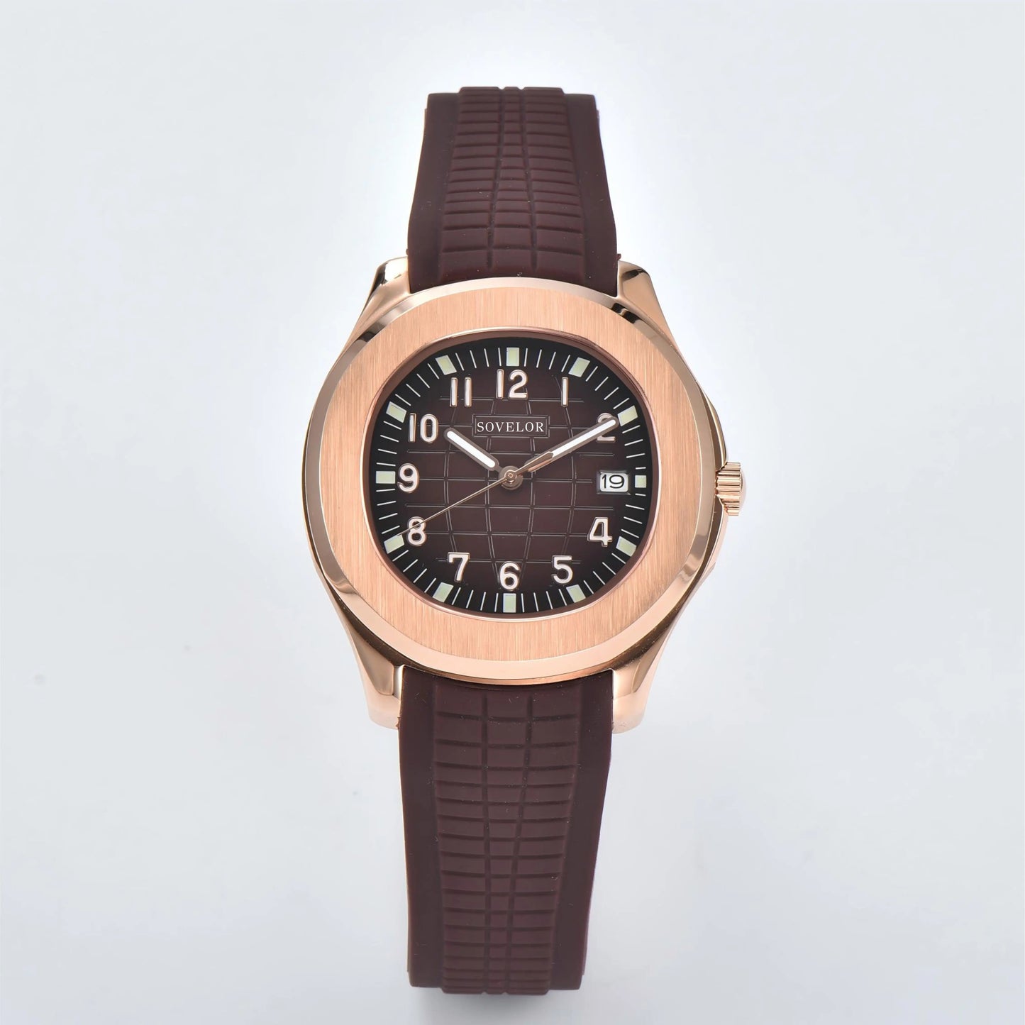 Custom Aquanaut style Seiko mod watch, rose gold case with brown dial and rubber strap, NH35 automatic movement