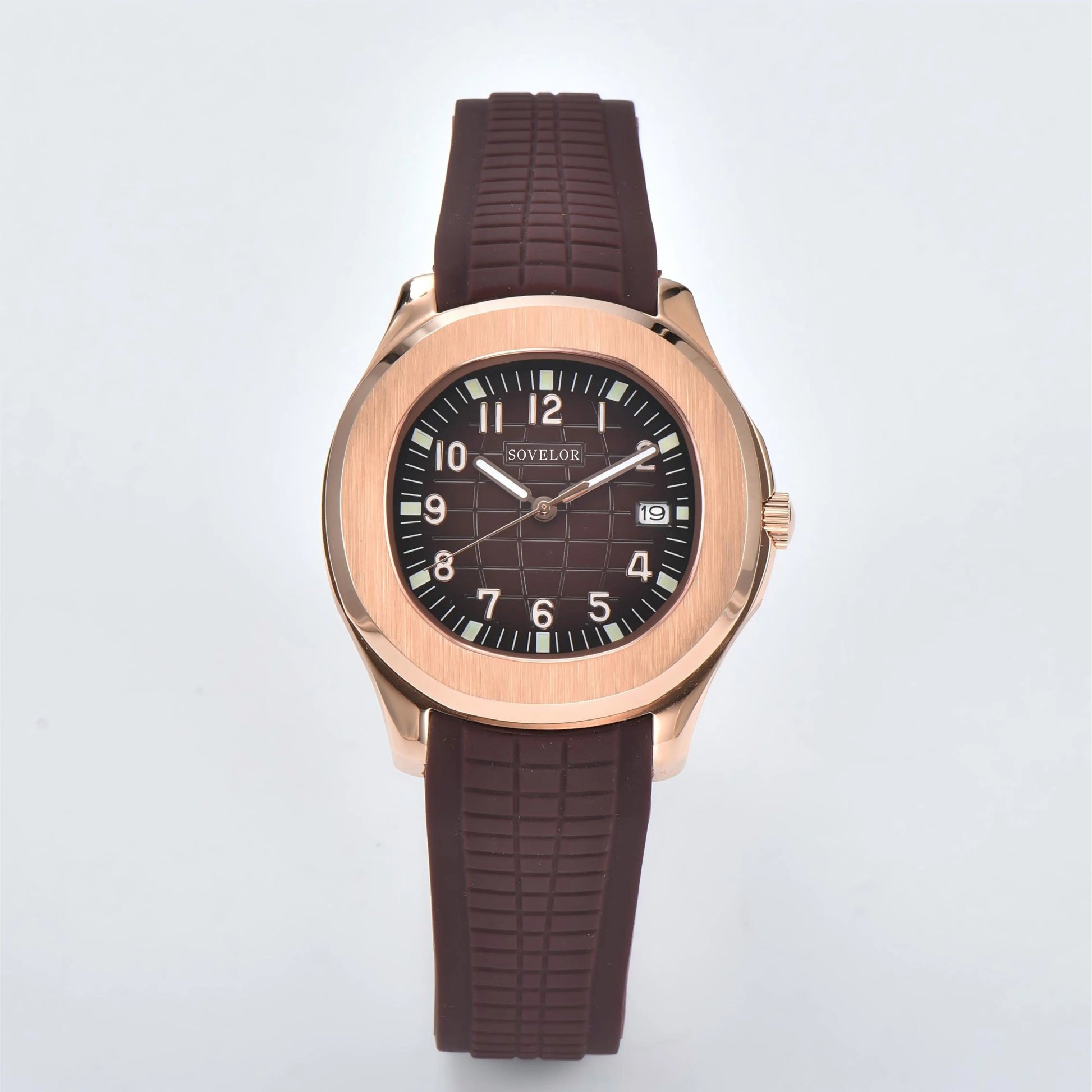 Custom Aquanaut style Seiko mod watch, rose gold case with brown dial and rubber strap, NH35 automatic movement