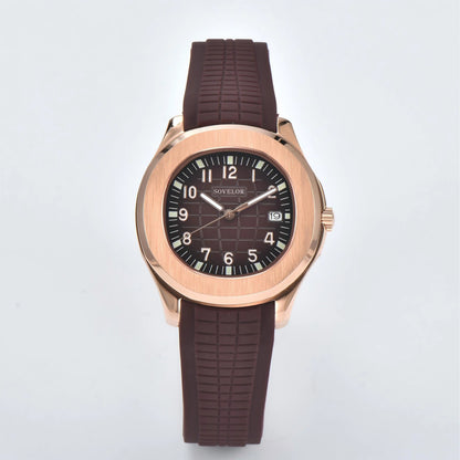 Custom Aquanaut style Seiko mod watch, rose gold case with brown dial and rubber strap, NH35 automatic movement