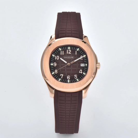 Custom Aquanaut style Seiko mod watch, rose gold case with brown dial and rubber strap, NH35 automatic movement