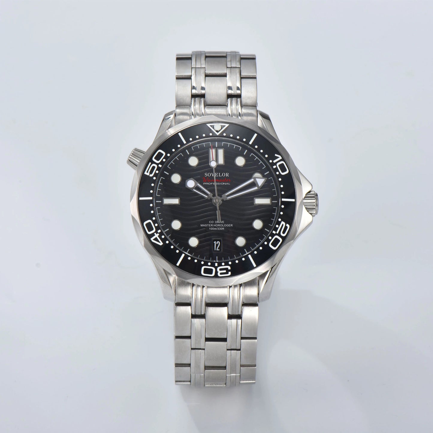 Custom Seamaster style Seiko mod watch, black wave dial with black bezel, NH35 automatic movement