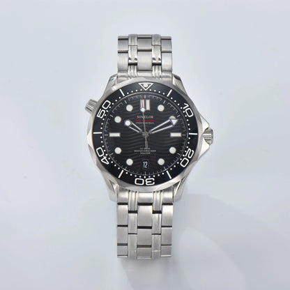 Custom Seamaster style Seiko mod watch, black wave dial with black bezel, NH35 automatic movement