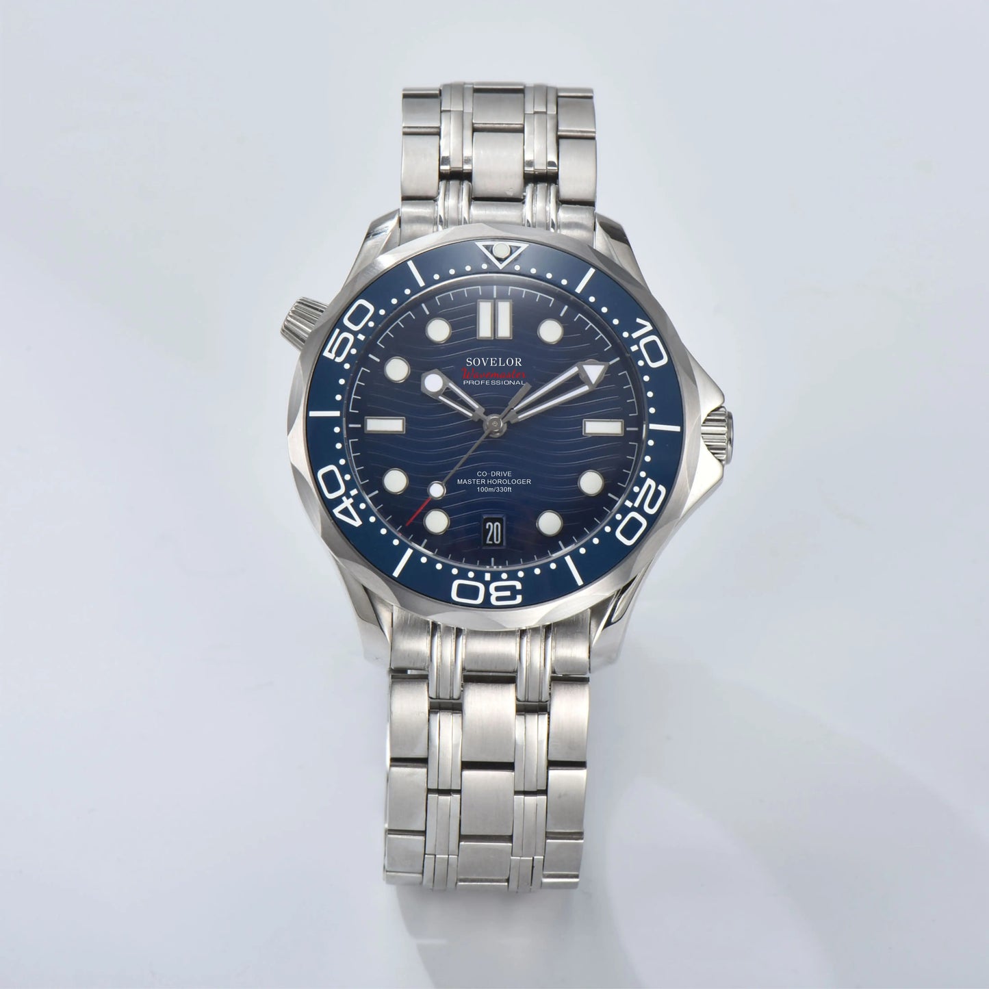 Custom Seamaster style Seiko mod watch, blue wave dial with blue bezel, NH35 automatic movement
