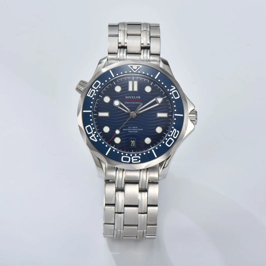 Custom Seamaster style Seiko mod watch, blue wave dial with blue bezel, NH35 automatic movement