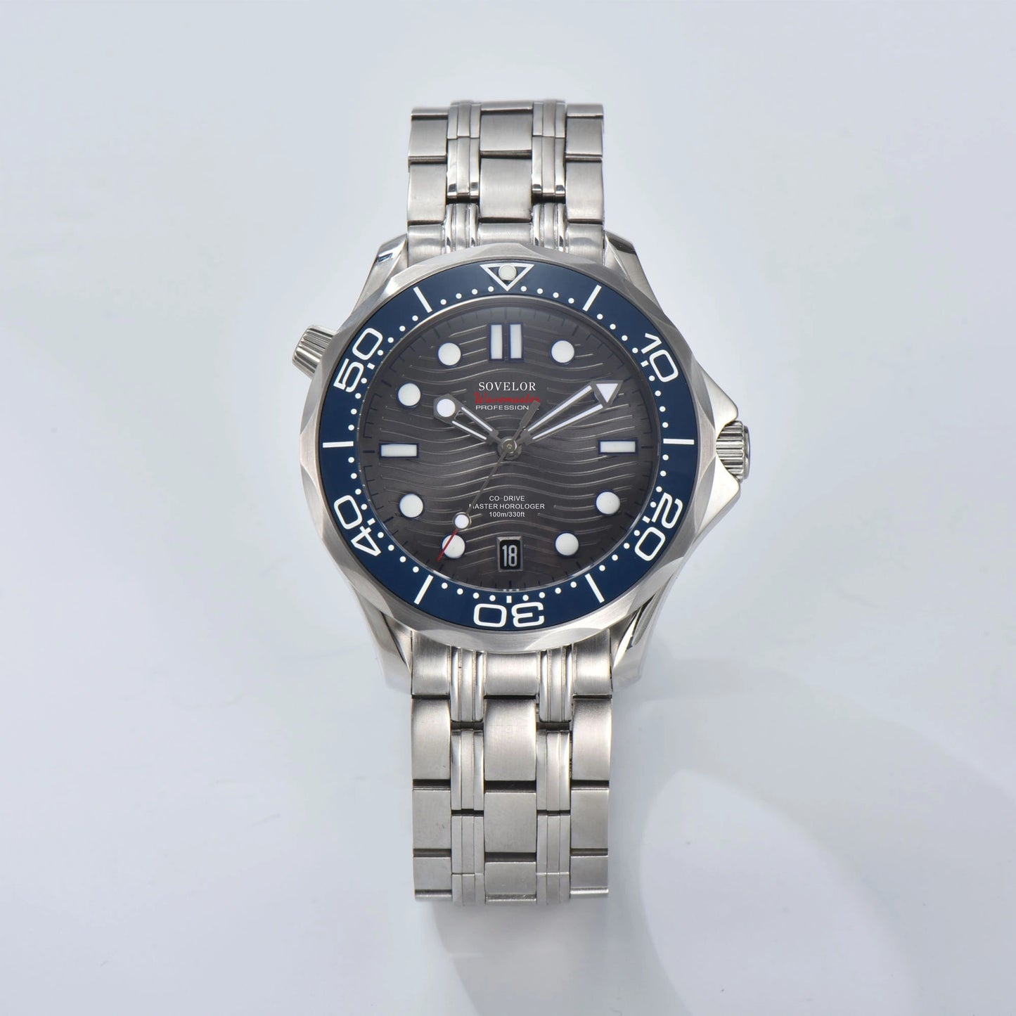 Custom Seamaster style Seiko mod watch, gray wave dial with blue bezel, NH35 automatic movement