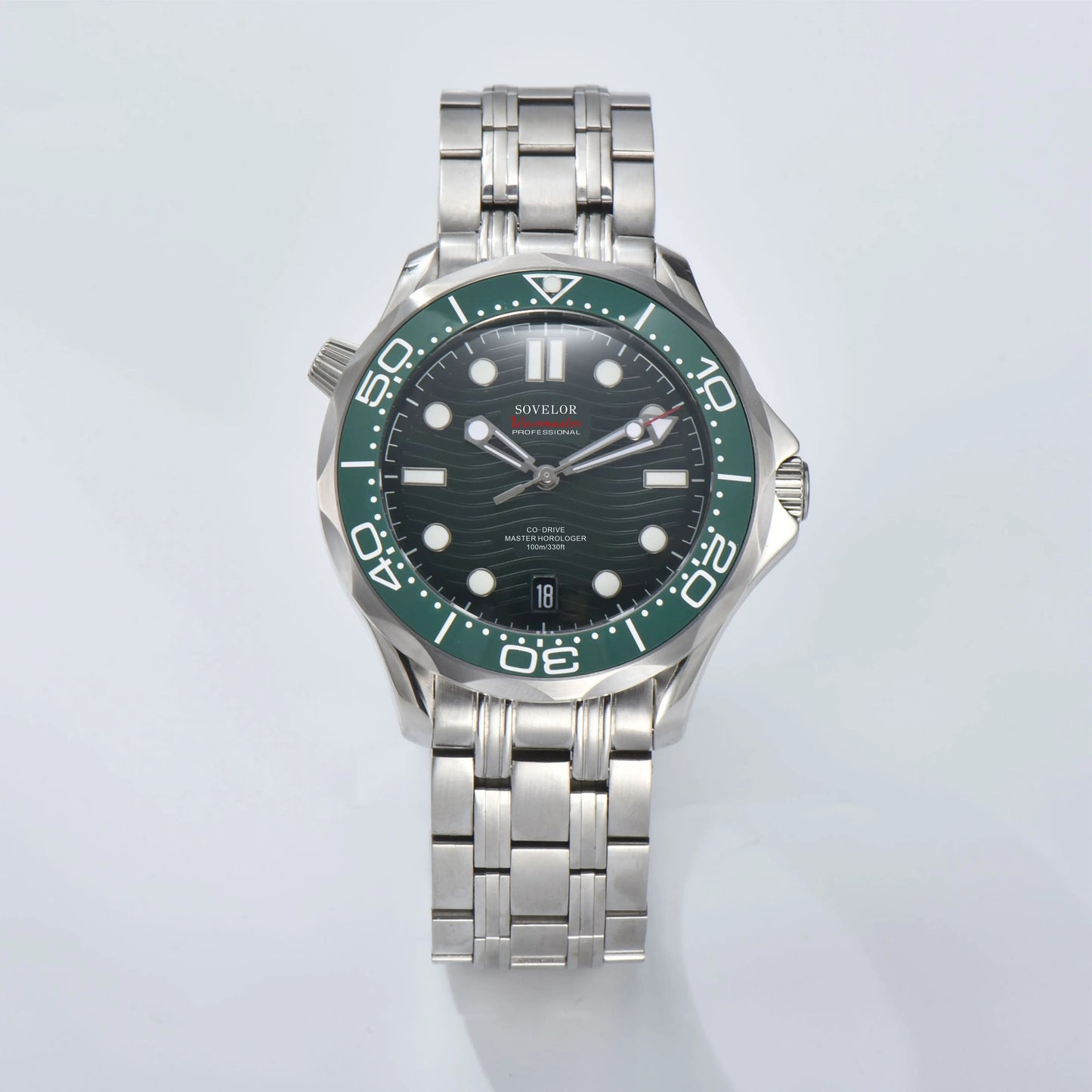 Custom Seamaster style Seiko mod watch, green wave dial with green bezel, NH35 automatic movement