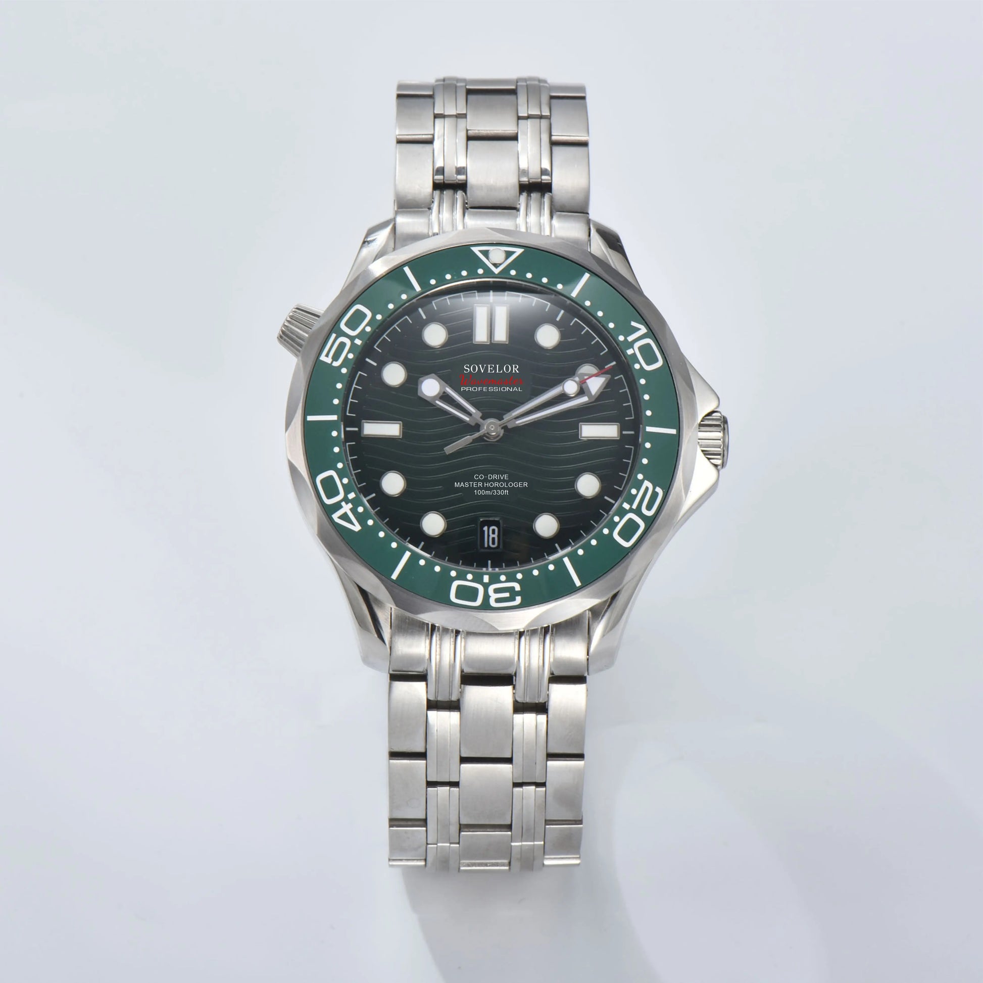 Custom Seamaster style Seiko mod watch, green wave dial with green bezel, NH35 automatic movement