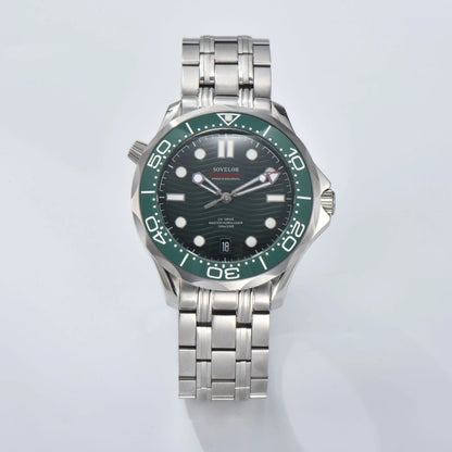 Custom Seamaster style Seiko mod watch, green wave dial with green bezel, NH35 automatic movement