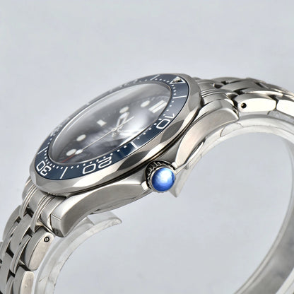 Side view of Seamaster style Seiko mod watch, silver crown and blue ceramic bezel detail