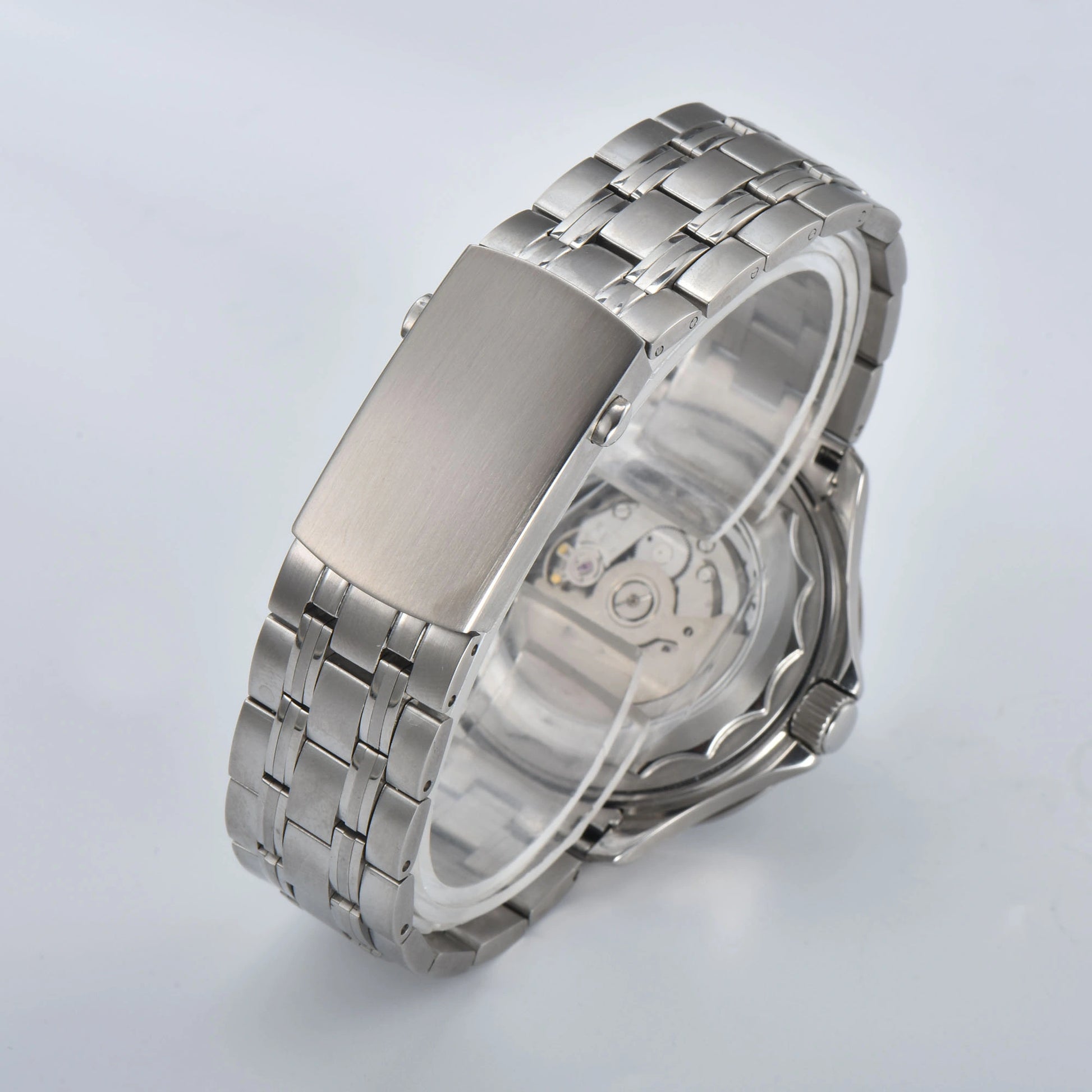 Close-up of custom seamaster Seiko mod watch solid stainless steel bracelet with security clasp and micro-adjustment