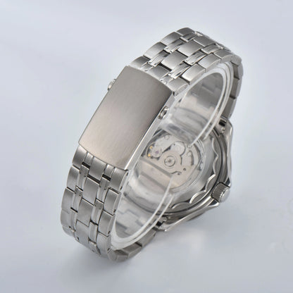 Close-up of custom seamaster Seiko mod watch solid stainless steel bracelet with security clasp and micro-adjustment