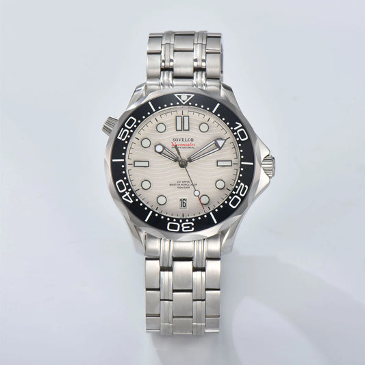 Custom Seamaster style Seiko mod watch, white wave dial with black bezel, NH35 automatic movement