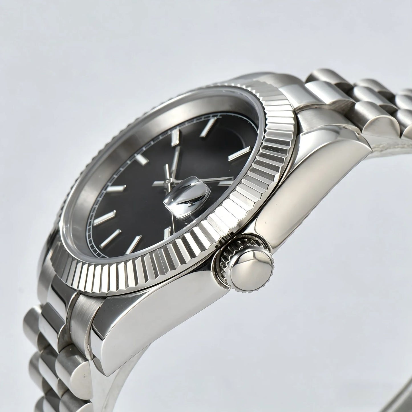 Fluted bezel and side view of classic black Seiko mod watch