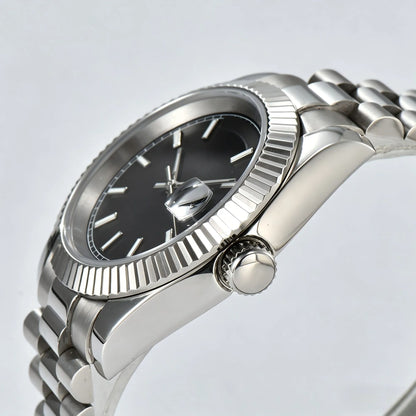 Fluted bezel and side view of classic black Seiko mod watch