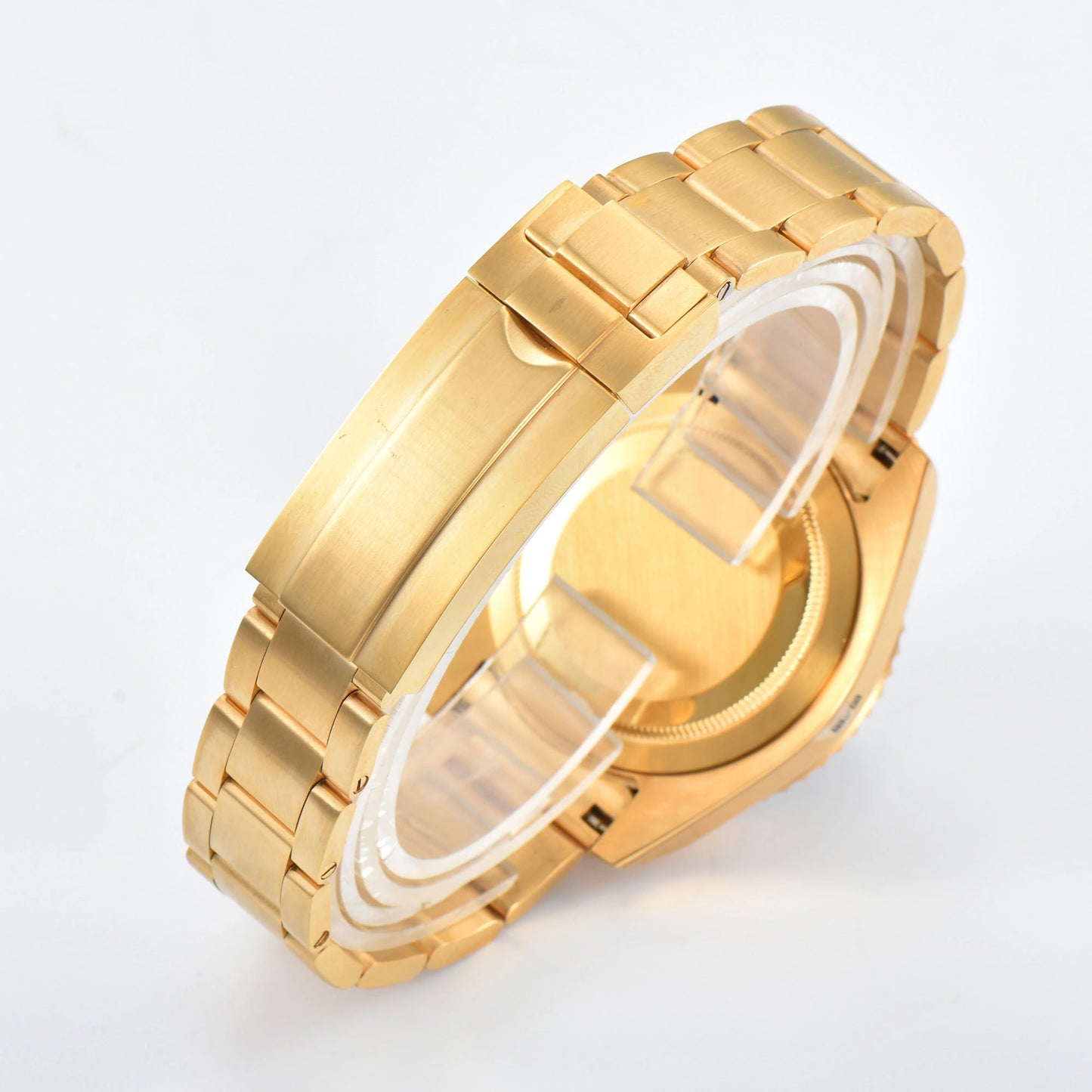 Close-up of custom Seiko mod watch solid stainless steel gold oyster bracelet with safety folding clasp and micro-adjustment