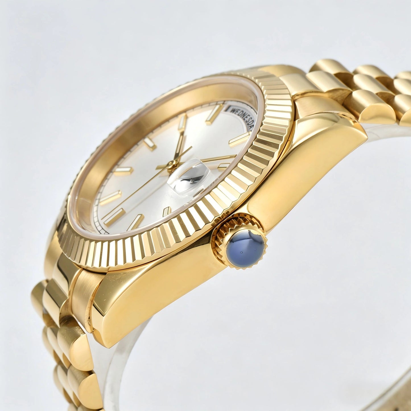 Fluted bezel and side view of gold Seiko mod watch,screw-in crown detail