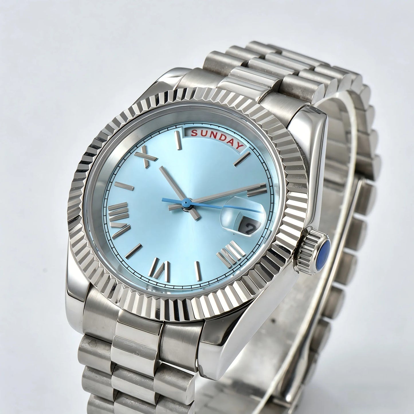 Fluted bezel and side view of ice blue Seiko mod watch