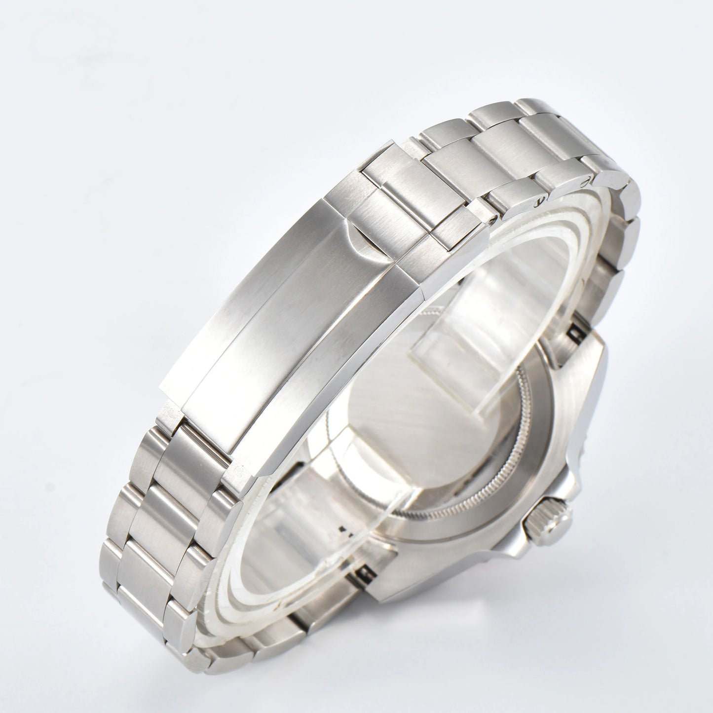 Close-up of custom Seiko mod watch solid stainless steel oyster bracelet with safety folding clasp and micro-adjustment