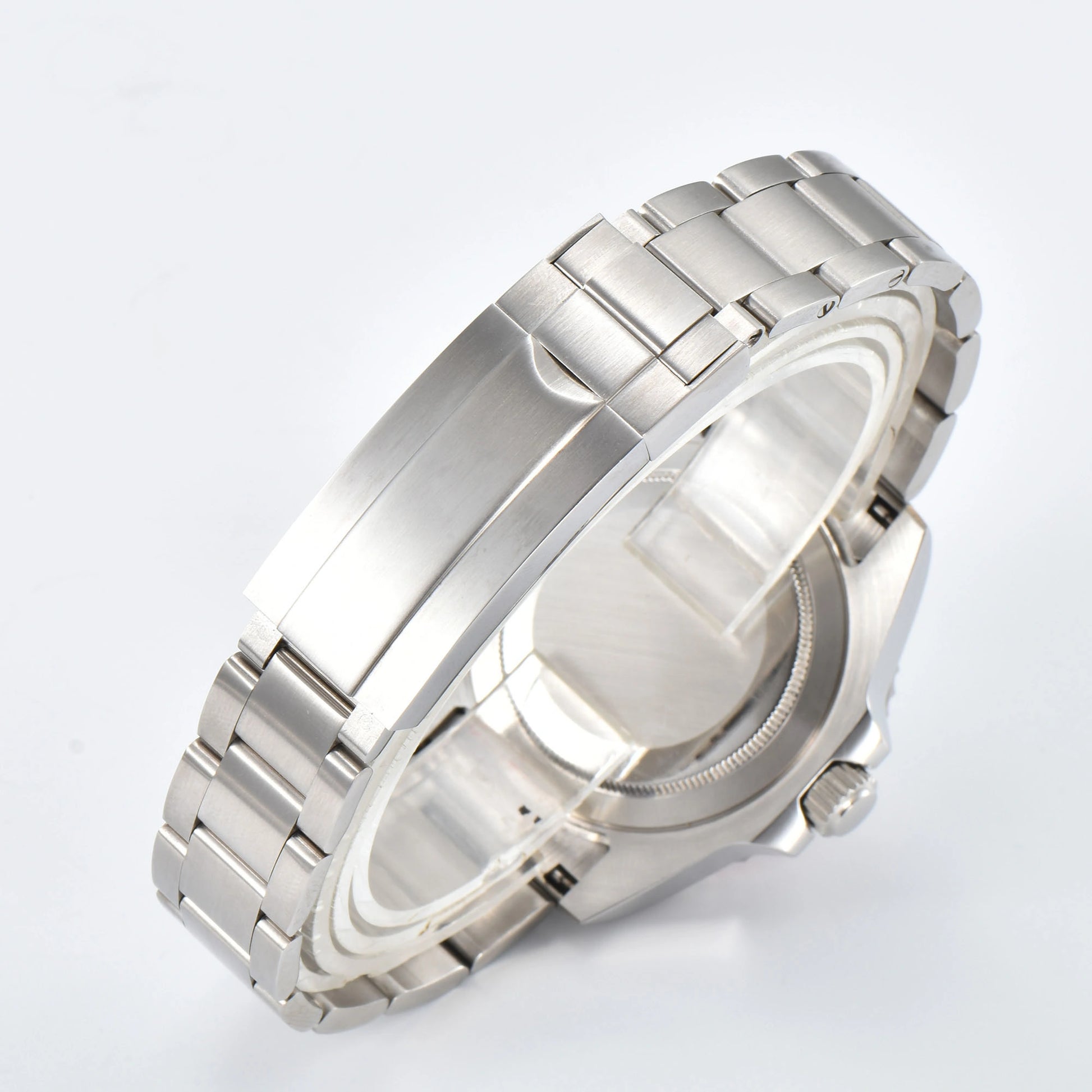 Close-up of custom Seiko mod watch solid stainless steel oyster bracelet with safety folding clasp and micro-adjustment