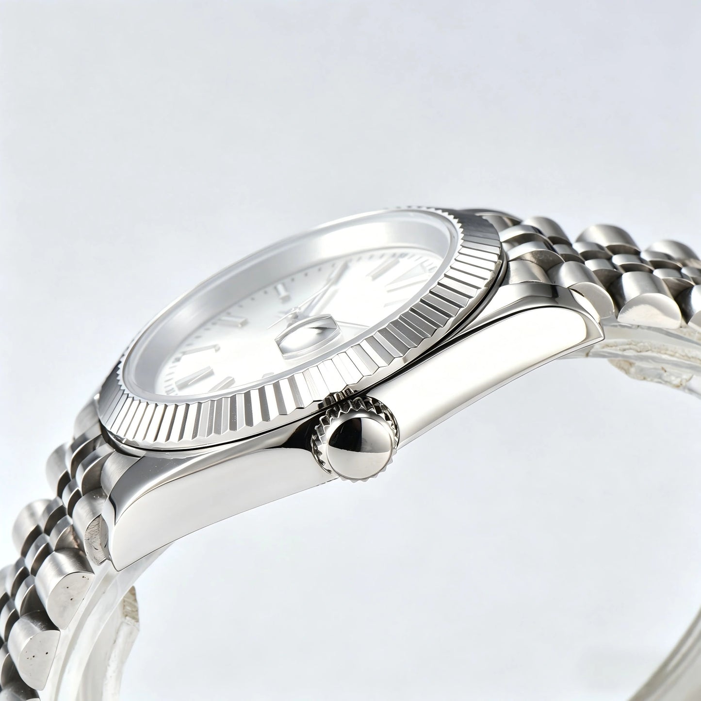 Side view of Seiko modified datejust watch showing signed screw-down crown and sapphire crystal