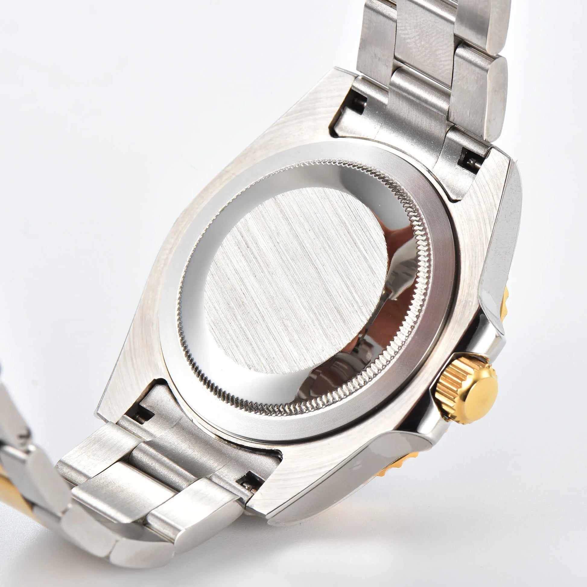 Custom Seiko mod watch with close case back showing two-tone gold  316L stainless steel case