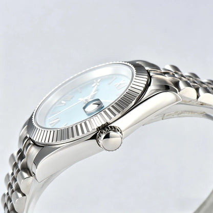Side view of Seiko modified datejust watch showing signed screw-down crown and sapphire crystal