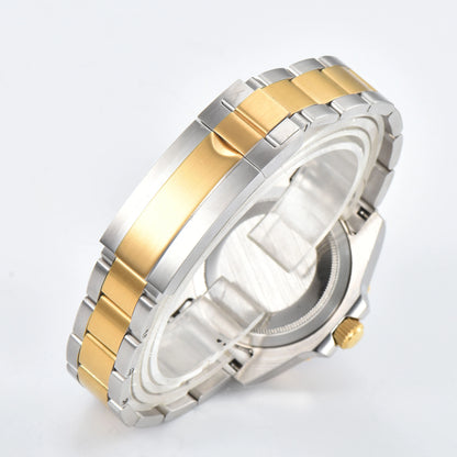 Close-up of custom Seiko mod watch solid stainless steel two-tone gold oyster bracelet with safety folding clasp and micro-adjustment