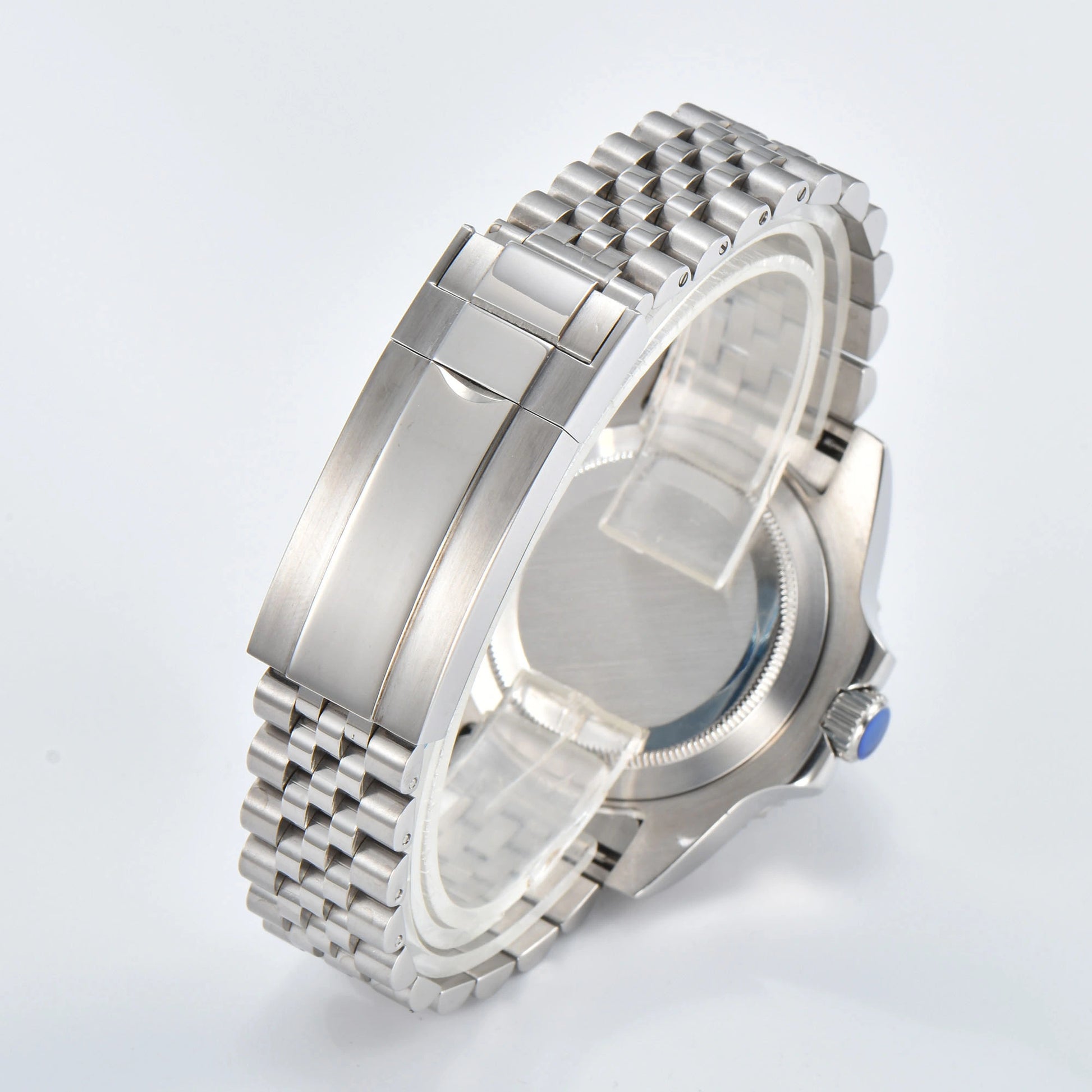 Close-up of custom Seiko mod watch solid stainless steel Jubilee bracelet with safety folding clasp and micro-adjustment