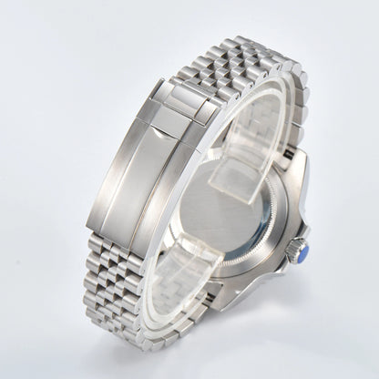 Close-up of custom Seiko mod watch solid stainless steel Jubilee bracelet with safety folding clasp and micro-adjustment