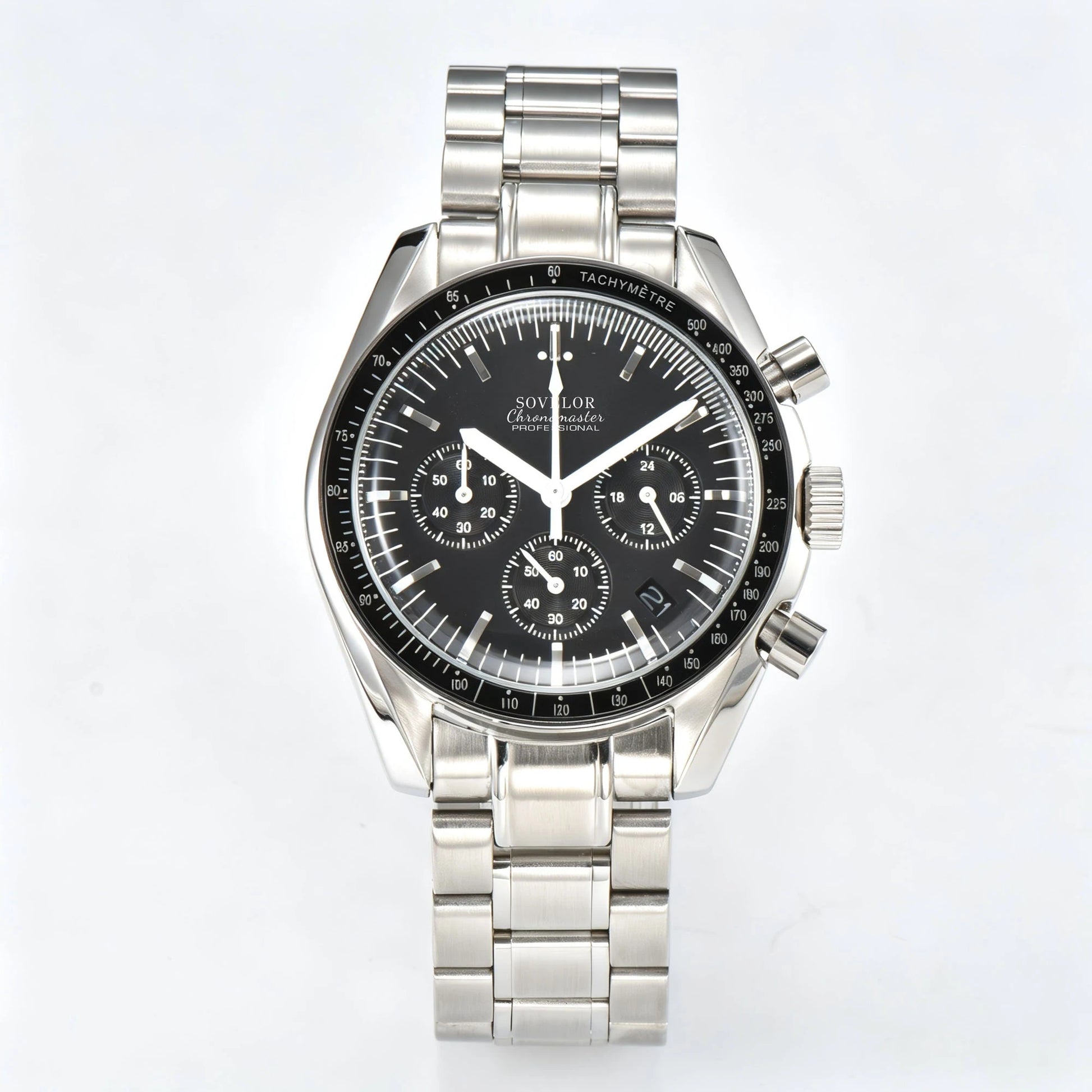 Custom silver Seiko mod speedmaster chronograph watch, white dial with blue sub-dials, VK63 quartz movement
