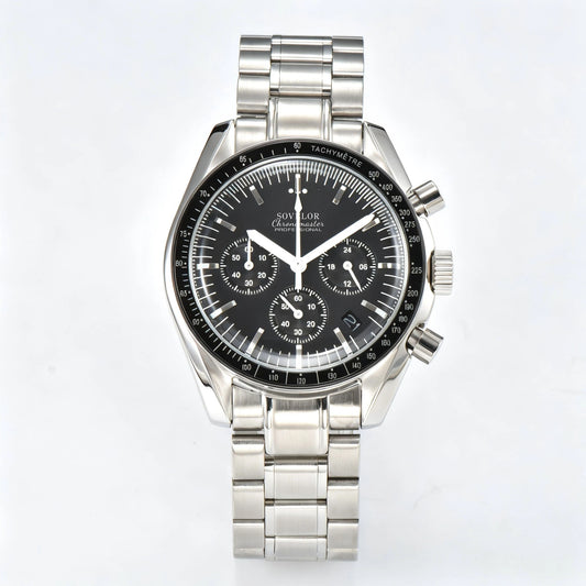Custom silver Seiko mod speedmaster chronograph watch, white dial with blue sub-dials, VK63 quartz movement