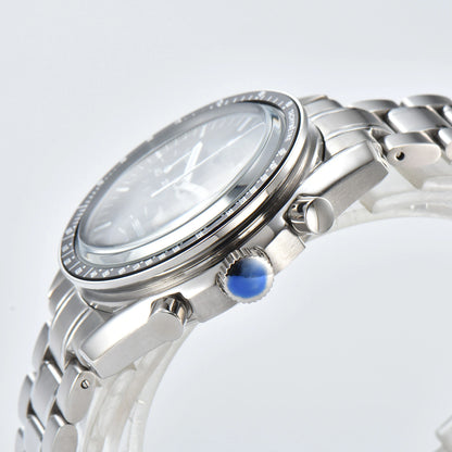 Side view of chronograph style Seiko mod watch, stainless steel pushers and tachymeter bezel detail