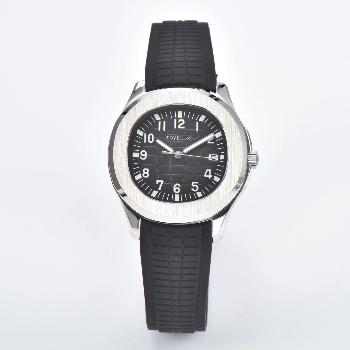 Custom Aquanaut style Seiko mod watch, silver case with black dial and rubber strap, NH35 automatic movement