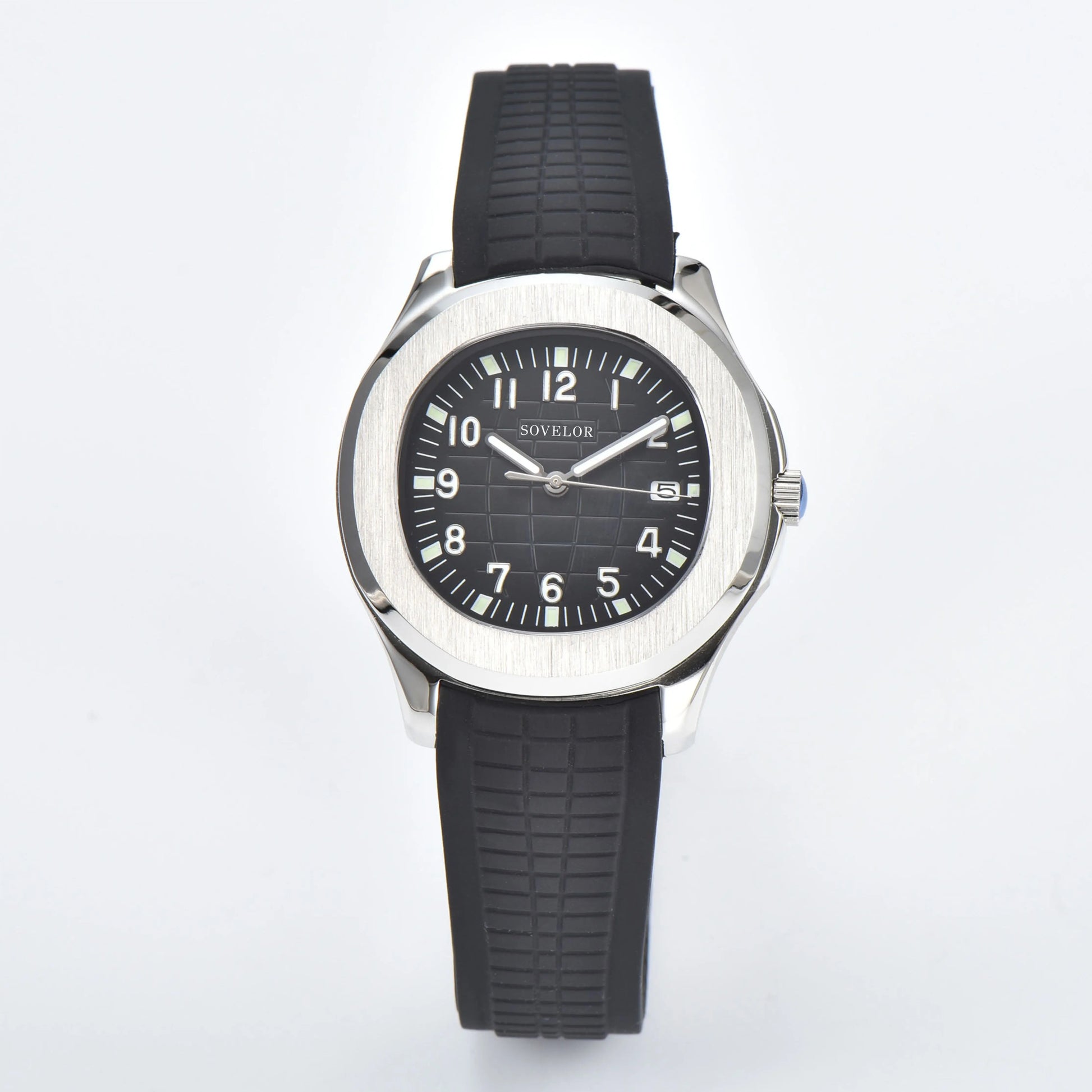 Custom Aquanaut style Seiko mod watch, silver case with black dial and rubber strap, NH35 automatic movement
