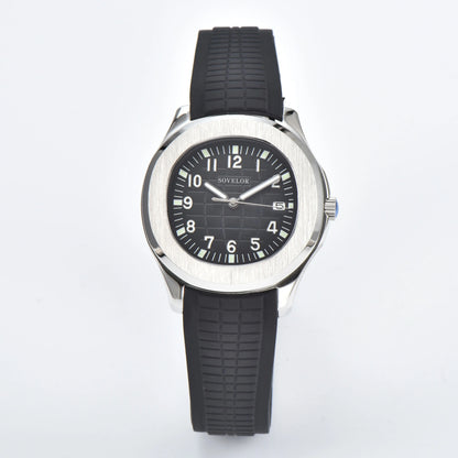 Custom Aquanaut style Seiko mod watch, silver case with black dial and rubber strap, NH35 automatic movement