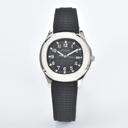 Custom Aquanaut style Seiko mod watch, silver case with black dial and rubber strap, NH35 automatic movement