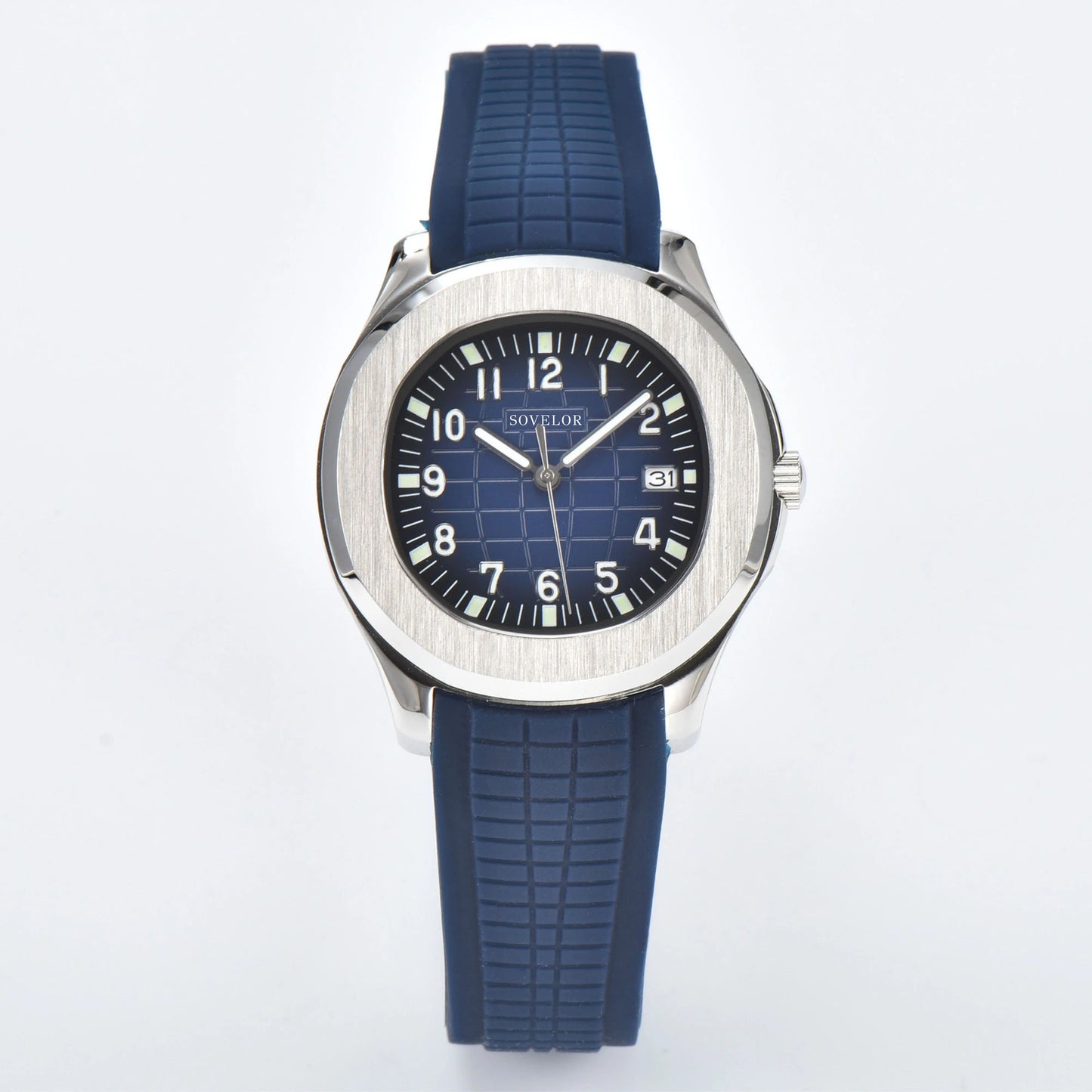 Custom Aquanaut style Seiko mod watch, silver case with blue dial and rubber strap, NH35 automatic movement