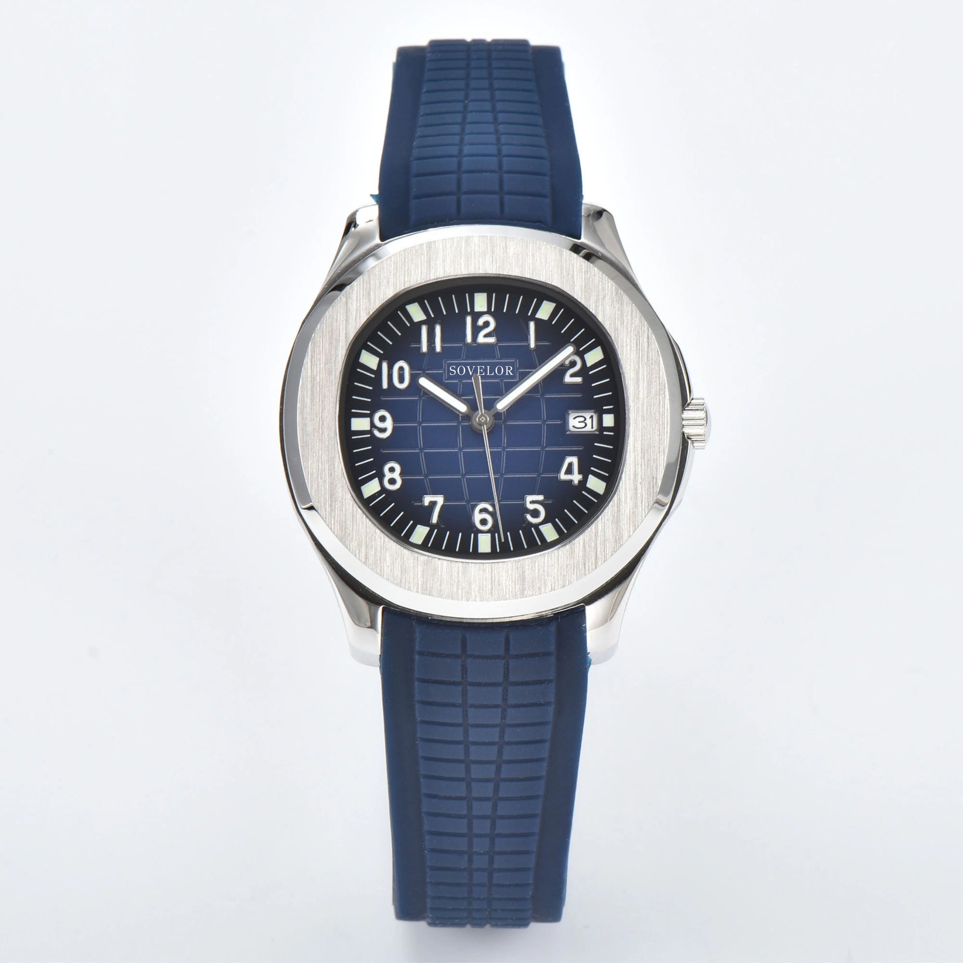 Custom Aquanaut style Seiko mod watch, silver case with blue dial and rubber strap, NH35 automatic movement