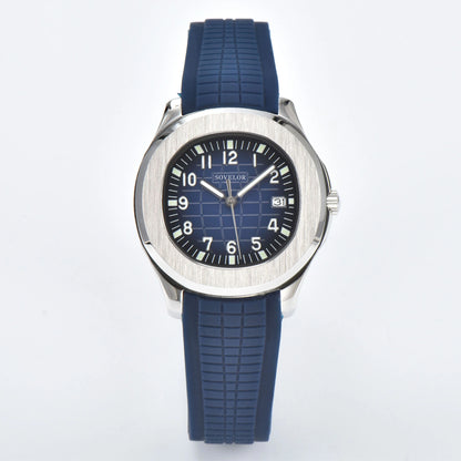 Custom Aquanaut style Seiko mod watch, silver case with blue dial and rubber strap, NH35 automatic movement