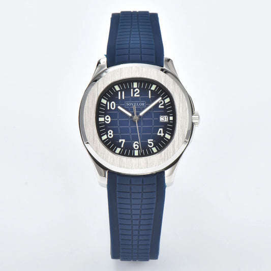 Custom Aquanaut style Seiko mod watch, silver case with blue dial and rubber strap, NH35 automatic movement