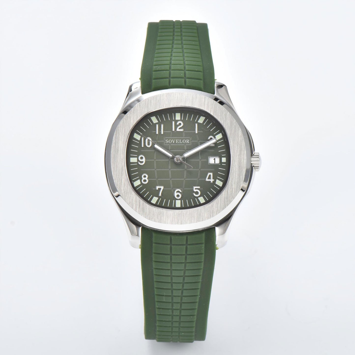 Custom Aquanaut style Seiko mod watch, silver case with green dial and rubber strap, NH35 automatic movement